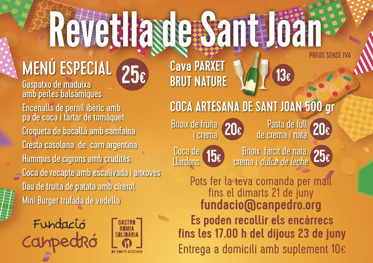 centrecanpedro's tweet photo. Us presentem el deliciós menú de #GaudeixiAjuda per la revetlla de #SantJoan 2022.

📱Reserva ja trucant al 634 074 613

Per cada menú, podrem donar dos àpats als nostres usuaris.
#gastronomiasolidària #Hostafrancs #Sants #Canpedró #revetlla https://t.co/UjxLqHt72d