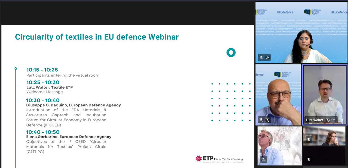 Judithboschg's tweet photo. 🎙️Attending the webinar #Textile #circularity and #research  opportunities in the EU #defence sector organized by the @TextileETP with the support of @EUDefenceAgency . The webinar kick off with an introductory words of Lutz Walter and the presentation of the agenda. https://t.co/feRlKLQf8e