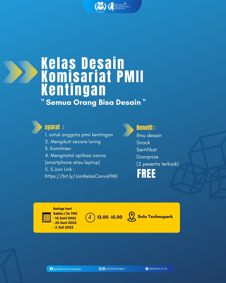 PMII_UNS's tweet photo. Agenda dari LSO Media Komisariat PMII Kentingan hadir nih, sudah sangat ditunggu-tunggu kan 🤭

Kelas Desain "SEMUA ORANG BISA DESAIN"

Ditunggu partisipasinya sahabat/i 🔥 https://t.co/n1Zx5OgTj6