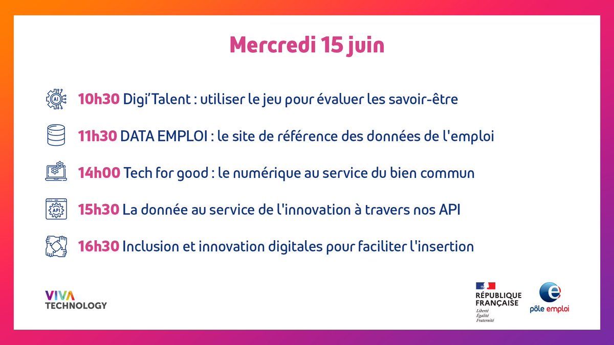 FranceTravail's tweet photo. 🔴 Suivez en live l’#innovation à @VivaTech #AvecPoleEmploi 💡

Programme des conférences du jour sur le stand de @pole_emploi (G64) ⤵️ 

🚀 #VivaTech #VivaTech2022 https://t.co/nEeH4HVKFd