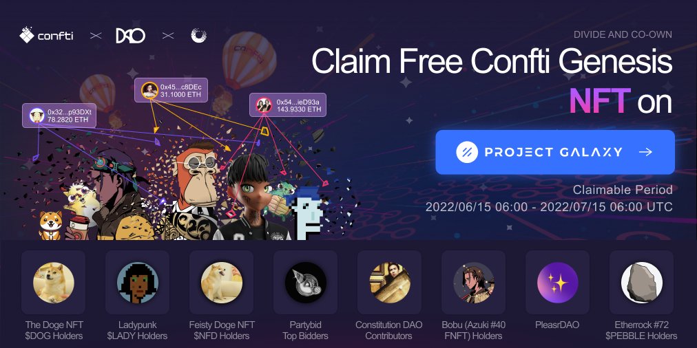 💥👉Go claim your #Confti Genesis NFT on <a href="/ProjectGalaxyHQ/">Now Galxe (Previously Project Galaxy)</a>: galaxy.eco/confti/campaig…

📅Claimable Period: June 15th 6:00 - July 15th 6:00 UTC

🙆‍♂️Available to everyone after doing some easy social tasks!

#NFTs #NFTGiveaway #NFTCommmunity