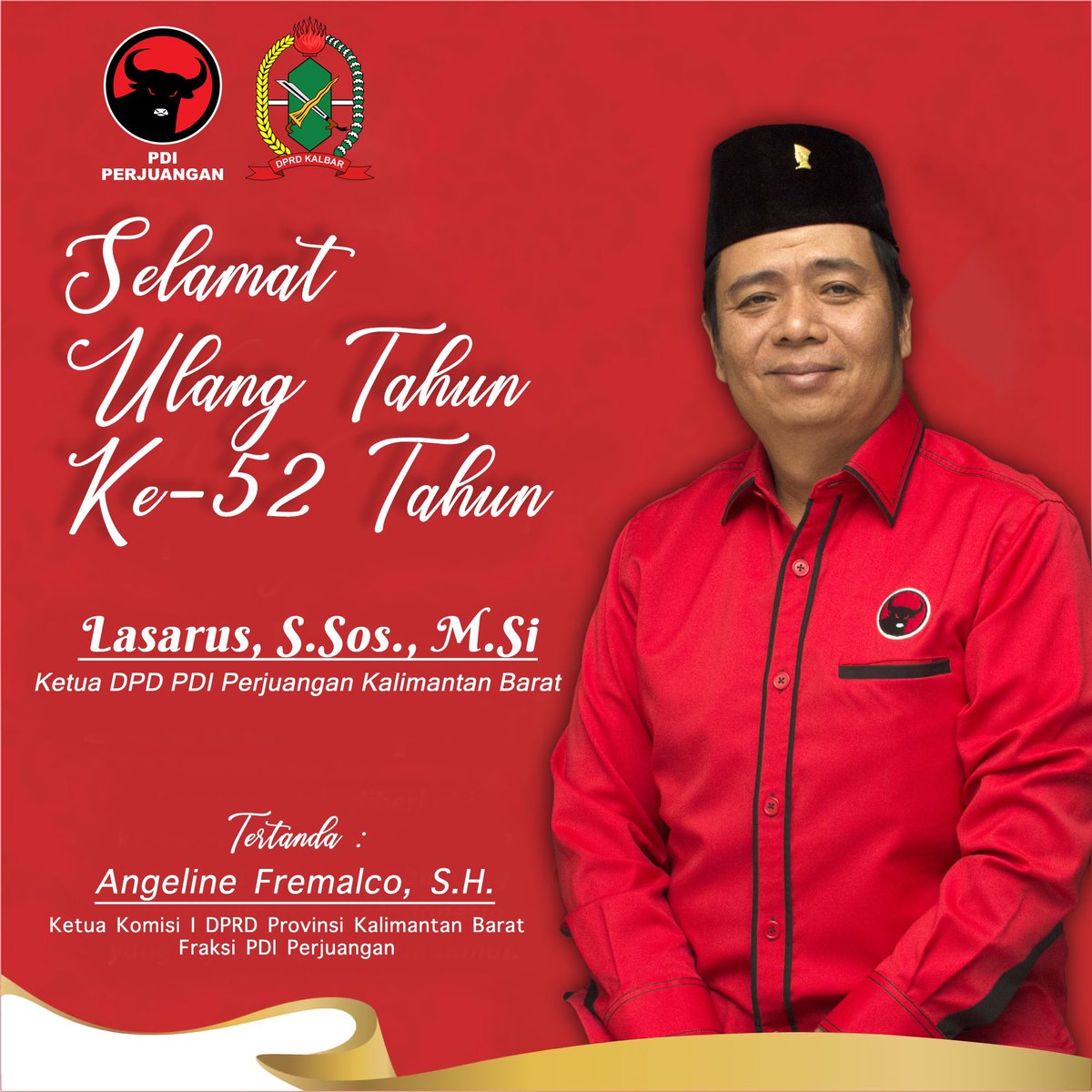 Selamat Ulang Tahun Yang Ke 52 Ketua DPD PDI Perjuangan Kalimantan Barat, Bapak Lasarus, S.Sos., M.Si.

 <a href="/PDI_Perjuangan/">PDI Perjuangan</a> <a href="/DPRDKalbar/">DPRD Kalbar</a>