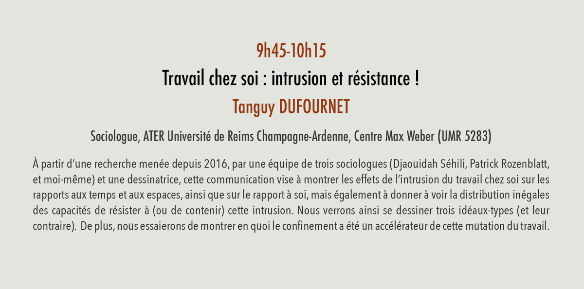 laboCoHabiter's tweet photo. 🆙
Nous écouterons dans un premier temps (9h45) @TanguyDufournet, sociologue du @CentreMaxWeber, avec une intervention intitulée : 
"Travail chez soi : intrusion et résistance !"
⤵️Résumé https://t.co/2OYuljCczz