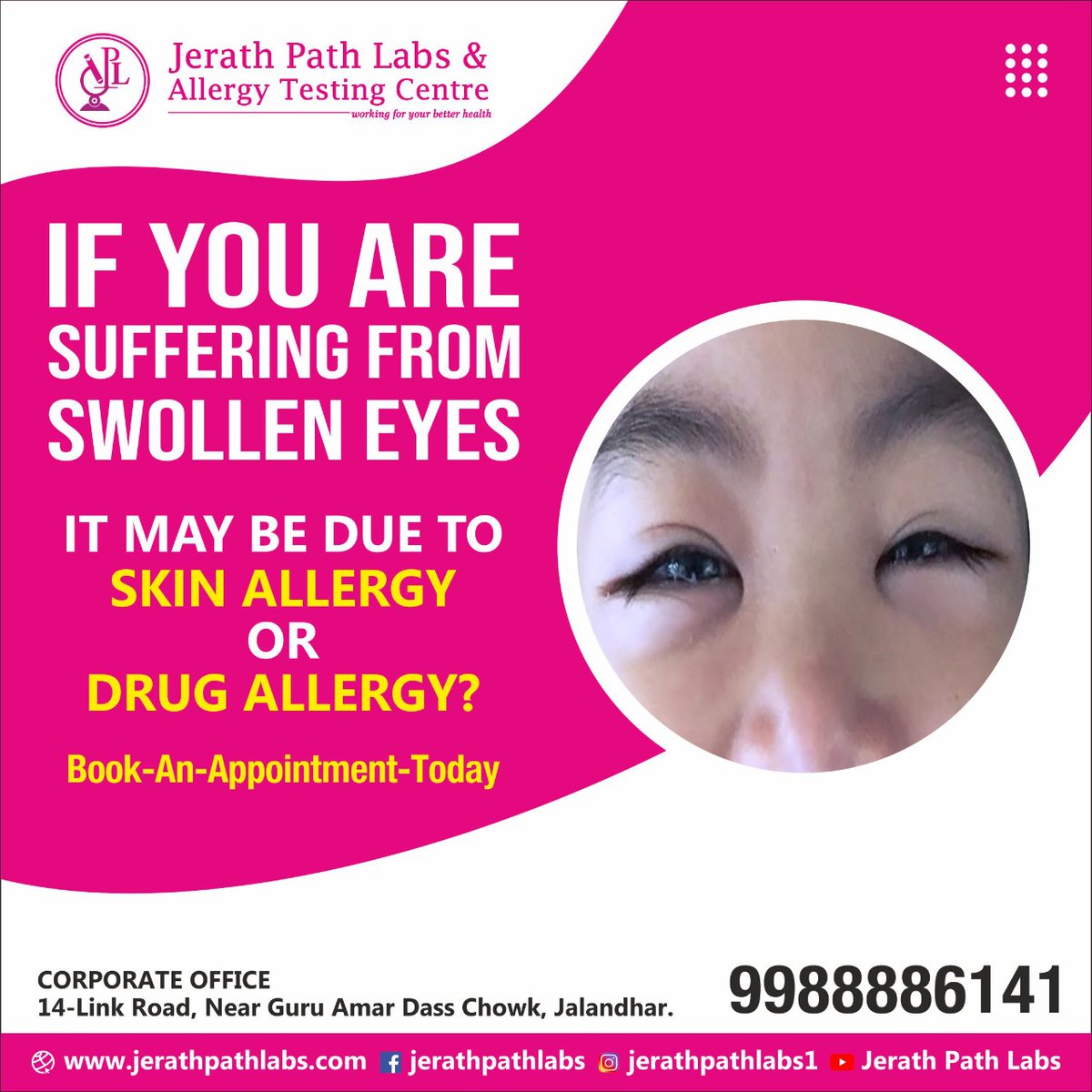 JerathLabs's tweet image. If you are suffering from swollen eyes, it may be due to skin allergy or drug allergy? Book-A-Test-Today, call us on: 9988886141 or visit our website: jerathpathlabs.com 
#JerathPathLabs #jerathgroup #drprashantjerath #jalandhar #offer #healthylife #allergy #food #skin