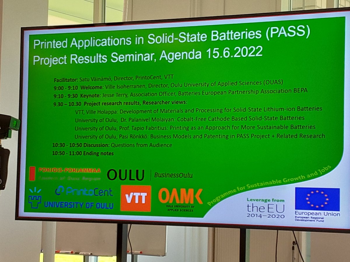 isoherranen's tweet photo. Great to be opening the PASS - Printed Applications Solid State batteries project seminar at the @oamk_ouas Linnanmaa Campus. Great collaboration with @UniOulu and @VTTFinland #printocent #innovation @oamk_telu https://t.co/WvlXSfz9rS