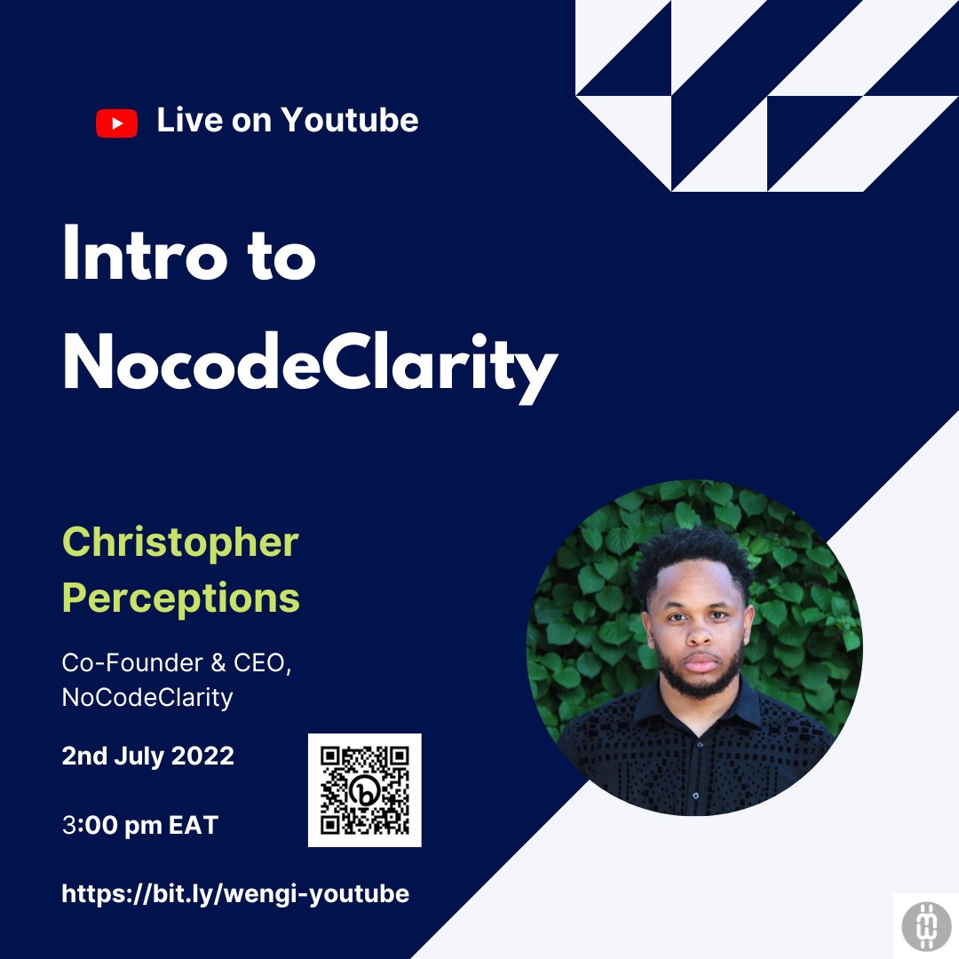 wengi_web's tweet photo. Intro to #NoCodeClarity live on youtube on 2nd July 3pm EAT by @NoCodeClarity Co-Founder &amp; CEO. Don't miss out!🚀#BUILDONBTC #Bitcoin https://t.co/1r7k8C0U8j https://t.co/4fRbUnEGX7