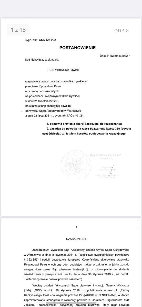 RyszardPetru's tweet photo. Znów wygrałem z Jarosławem Kaczyńskim. Sąd Najwyższy odrzucił jego wniosek o skargę kasacyjną. Musi teraz przelać na mój rachunek 360 zł jako zwrot kosztów postępowania.

A chodzi cały czas o ten sam tweet. https://t.co/BVDh5Wrka4