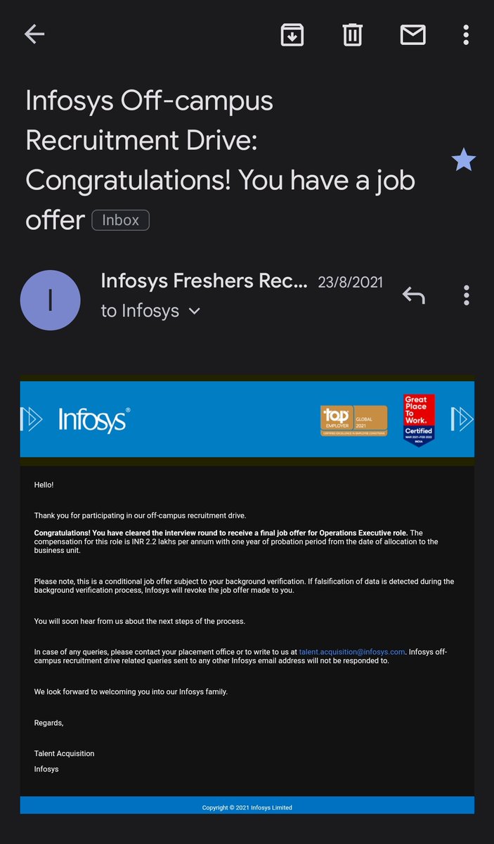 Blizzardv14's tweet photo. I haven't received any updates from infosys after receiving selection mail for final job offer since 23 August 2021 from Infosys,l have completed my assessment &amp; interview on 13th &amp; 27th of June 2021 but no update from infosys even after sending mails.
@InfosysCareers @Infosys https://t.co/F3TXztItPp