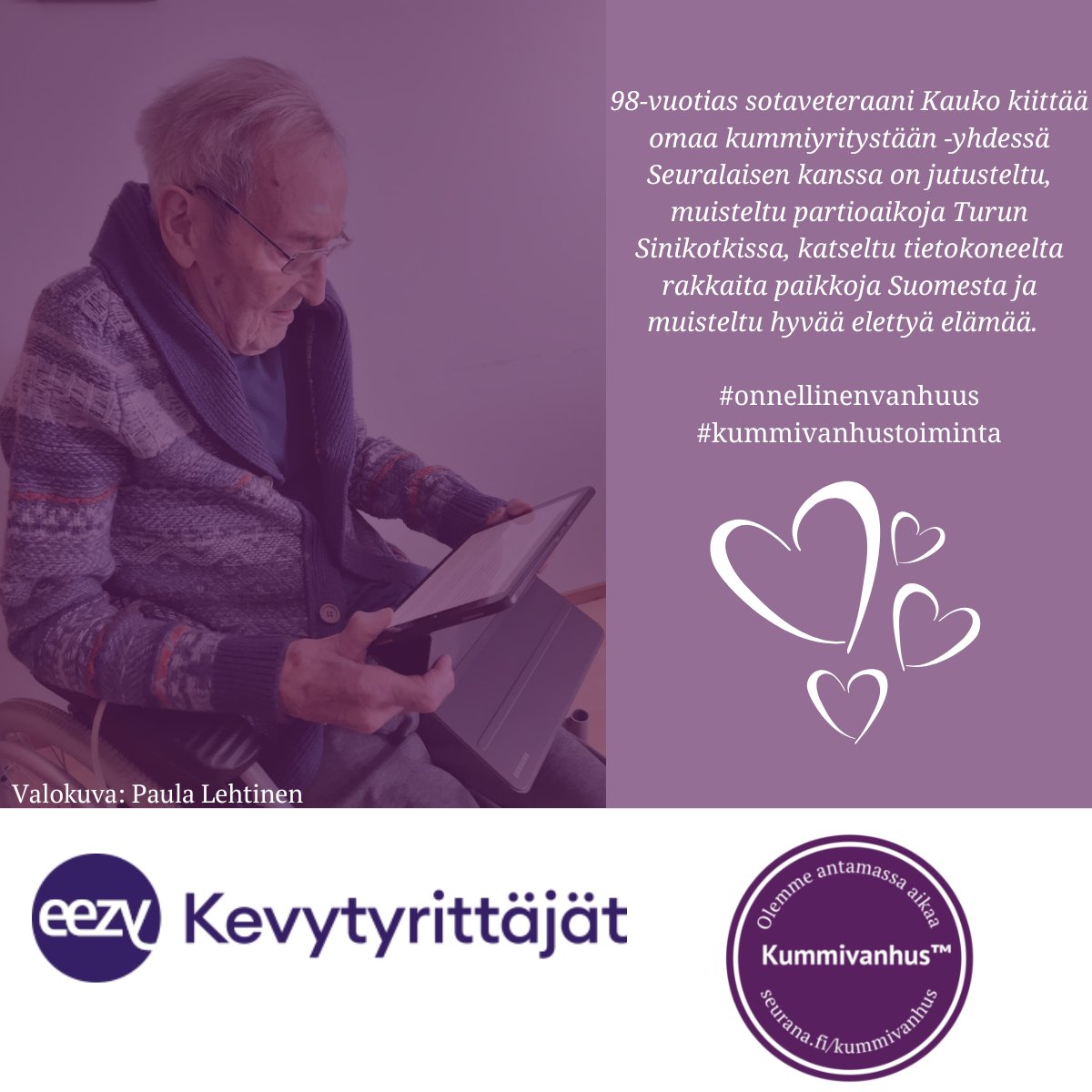 Kiitos <a href="/Eezyfi/">Eezy Kevytyrittäjät</a> onnellisen vanhuuden tukemisesta. 💜 98-vuotias sotaveteraani Kauko nauttii säännöllisestä seurasta ja samalla työllistyy eläkeikäinen Seuralainen merkityksellisen työn pariin.

#seurana #onnellinenvanhuus #meilläonaikaa #kummivanhustoiminta