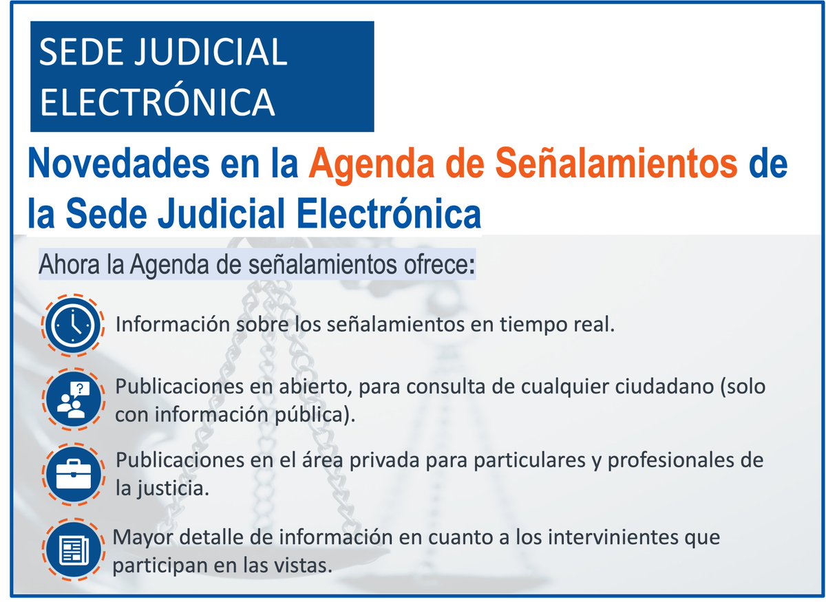 lexnetjusticia's tweet photo. 👍🏼La Agenda de señalamientos disponible en la #SedeJudicialElectrónica, nos muestra la  fijación de día y hora de celebración de los juicios, vistas o comparecencias. Y ahora trae consigo múltiples novedades ¡mira la imagen! https://t.co/qK0hm9wHdZ