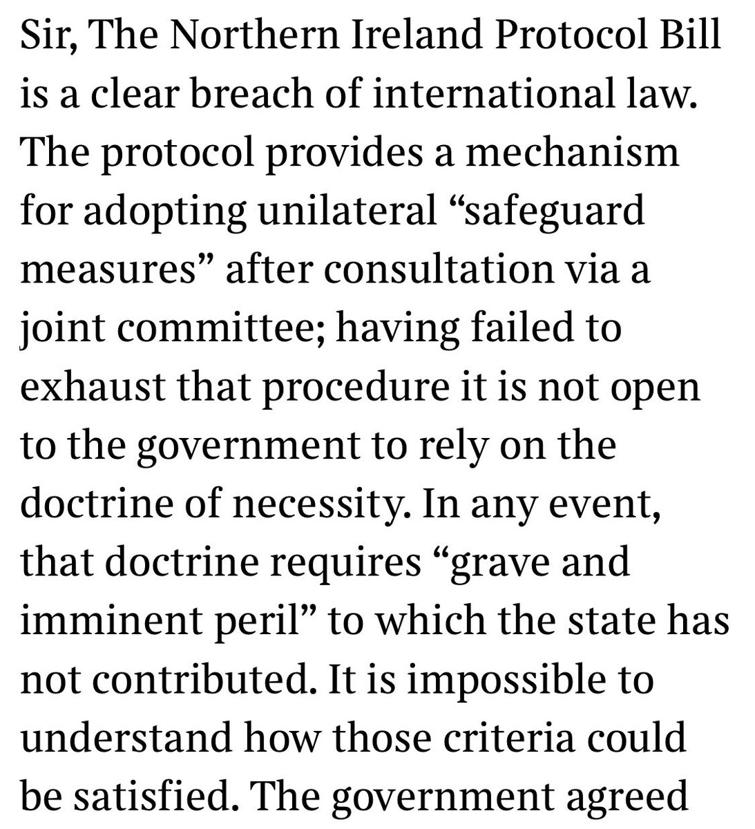 bricksilk's tweet photo. “The Northern Ireland Protocol Bill is a clear breach of international law”: letter in the Times today from Lord Pannick QC, @ProfMarkElliott and me #NIPB #NIProtocolBill https://t.co/5x23yDUXon