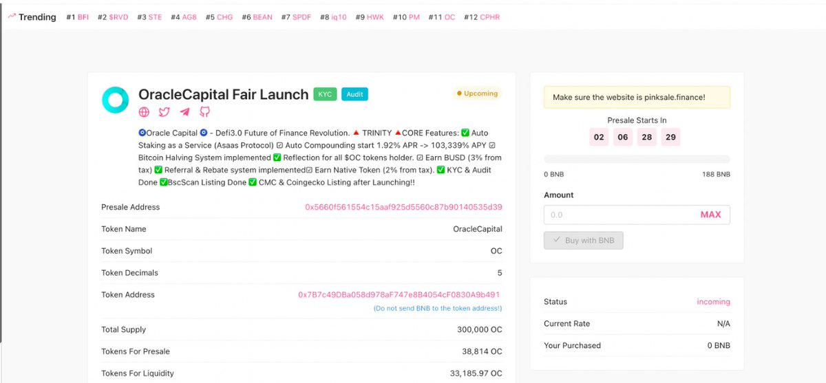 CryptoHunterETH's tweet photo. @OracleCapitalFi 🧿 $OC trending on pinksale - top 12

Presale⬇️
⌚Start :2022.06.17 12:00 (UTC)
⌚End : 2022.06.20 12:00 (UTC)

✅Soft Cap: 188 BNB 

See More:
https://t.co/luO7AVmSIB

#OracleCapital #Oracle #presale #Launch #Pinksale #BSC #BSCGems #CryptoNews https://t.co/aYHYlTDfX8