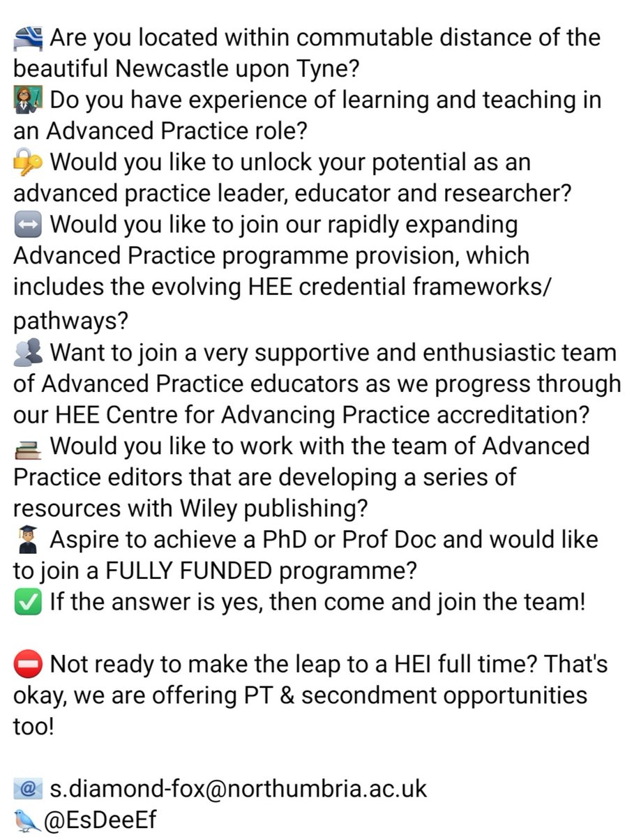 🚨 Calling all #AdvancedPractice colleagues 🚨

We have an exciting full time, part time &amp; secondment opportunities to join our expanding #ACP / #ACCP teaching team.

📧 s.diamond-fox@northumbria.ac.uk
🐦<a href="/EsDeeEf/">Sadie Diamond-Fox 💙</a>

#AdvancingPractice 

northumbria.ac.uk/work-for-us/jo…