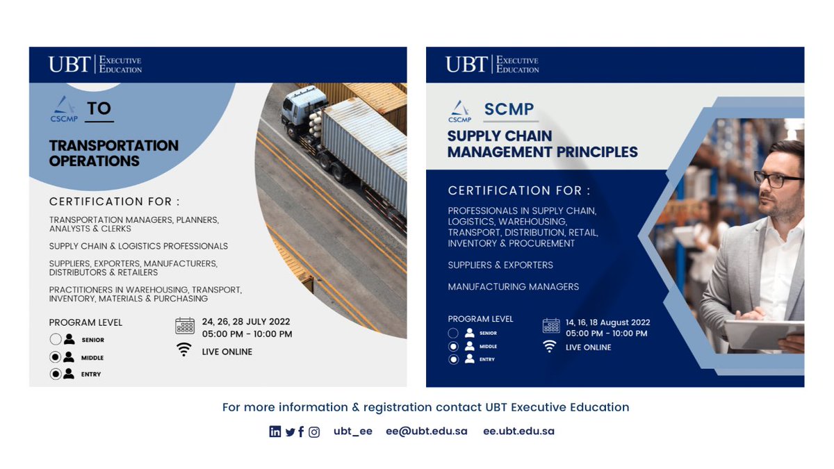UBT_EE's tweet photo. Become an international certified professional in Supply Chain and/or in Transportation Operations (TO) by UBT Executive Education and @CSCMP - Council of Supply Chain Management Professionals (CSCMP, USA).

#executiveeducation #managementtraining #certifications https://t.co/9SWYTIi6vb