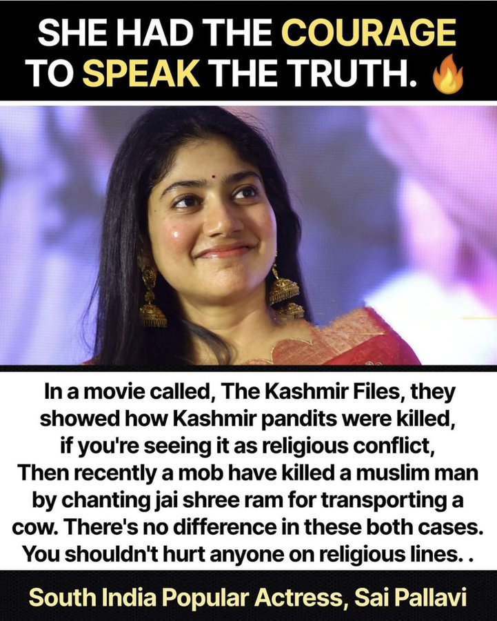 Actress Sai Pallavi Says 'No Difference' Between Kashmiri Pandit Exodus and  Cow Vigilantism: Sparks Row - News Hamster