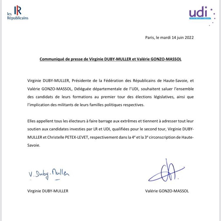 Republicains74's tweet photo. 📢Communiqué de presse
@DubyMuller et @Valrie74

Barrage aux extrêmes et soutien aux candidats LR-UDI qualifiés au 2d tour:
 @ChristellePetex dans la 3e circonscription de la Haute-Savoie 
@DubyMuller dans la 4e circonscription de la Haute-Savoie
#7403 #7404 https://t.co/ImchkwQcmu