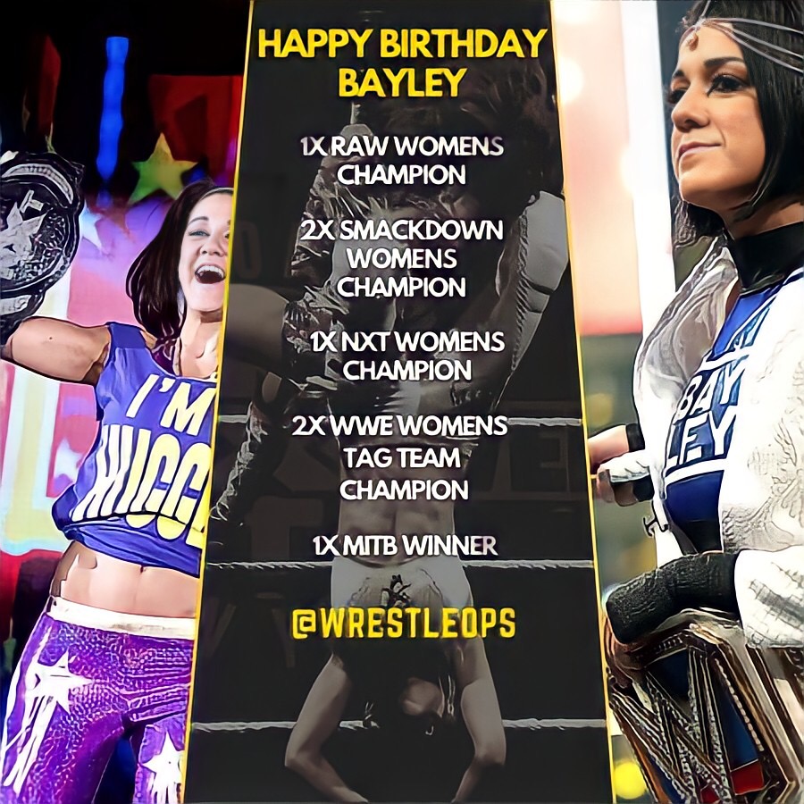 WrestleOps's tweet photo. Happy 33rd Birthday to former multiple time Women’s Champion, the one and only, @itsBayleyWWE.

We miss you! https://t.co/sgMB2o9HAS
