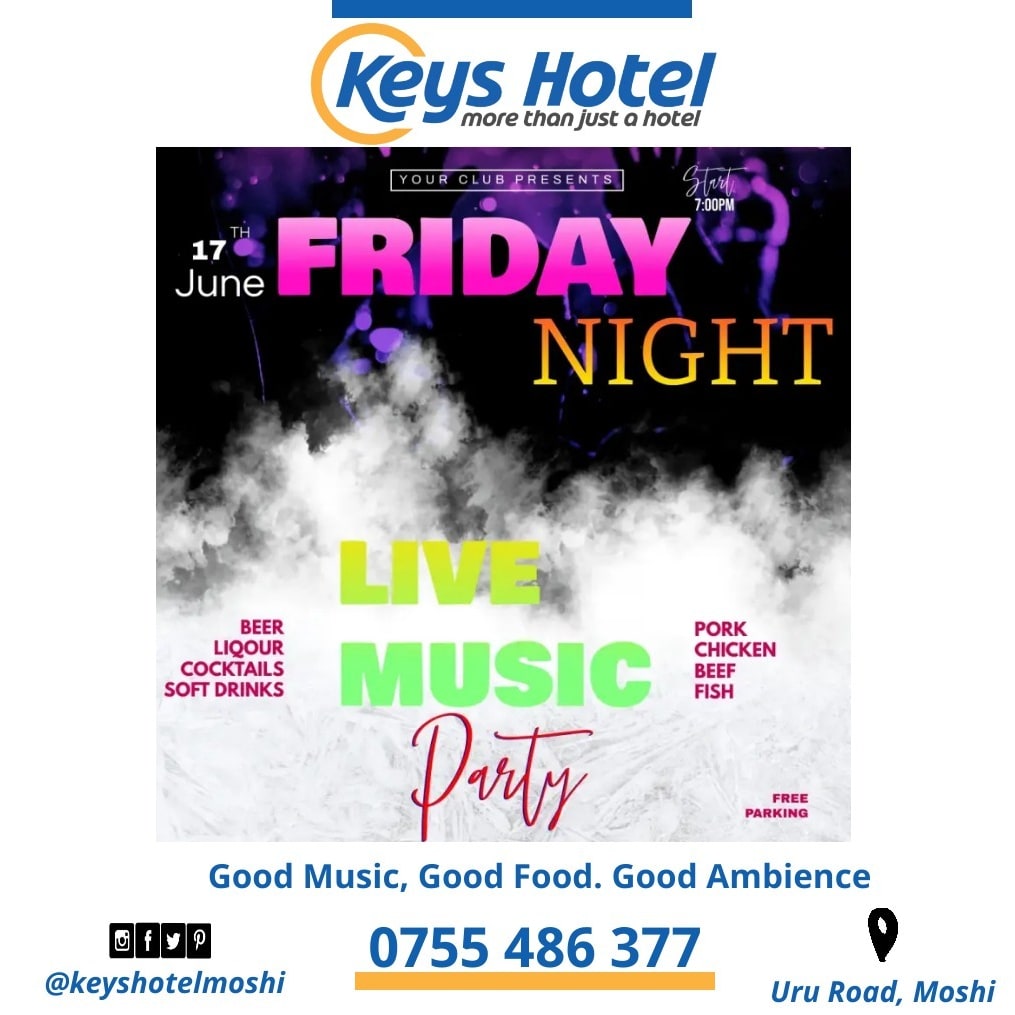 keyshotelmoshi's tweet photo. Music is life.Thats why our hearts have beats. 
Its happening this Friday, honey you better prepare that party dress you don't want to miss out.

We will rock you.

#keyshotel #moshimoshi #Tanzania #kilimanjaro #Friday vibes #togoodtimes #cocktailnightout #dinnerdate https://t.co/9LJ3VVVOTD