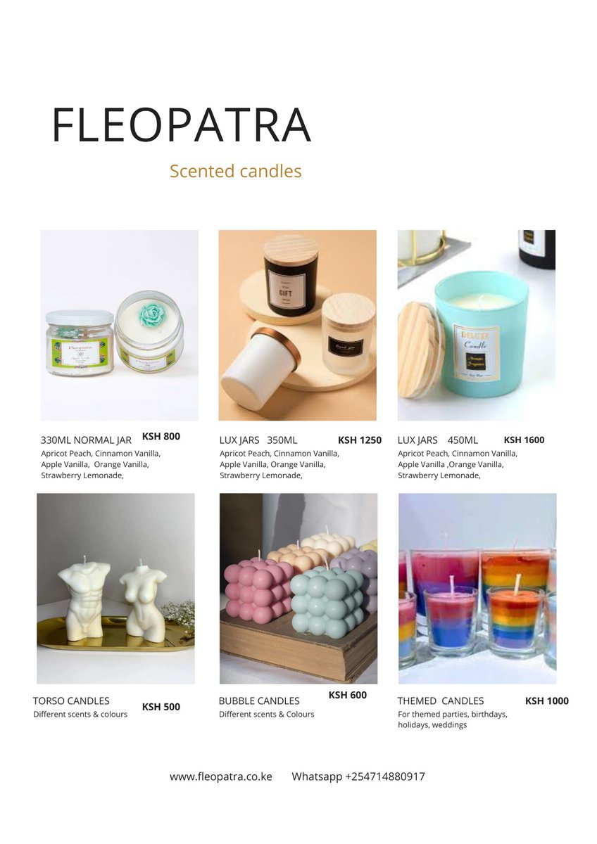 FleopatraScents's tweet photo. Check out our new catalougue for candles!
Scents available: Cinnamon vanilla, Apricot peach, Apple Vanilla

Whatsapp your order on 0746105801

#ScentedCandles https://t.co/m1M6dVQvhN