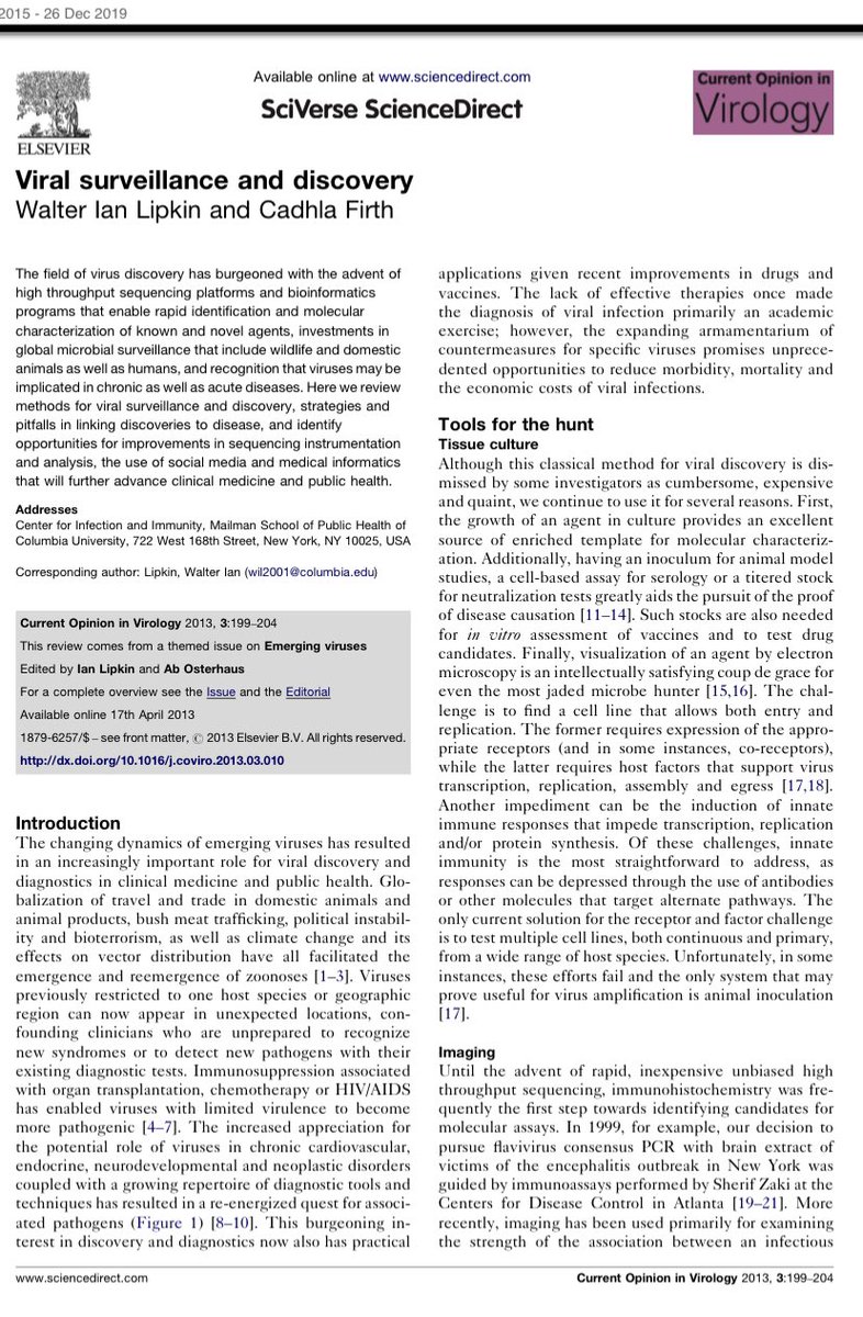 SixandLaura's tweet image. source for reference [Viral surveillance and discovery. Current Opinion in Virology: Emerging Viruses.
Walter Ian Lipkin and Cadhia Firth, April 17, 2013]

 #SARSCoV2_timeline #Spring2013 #pathogen_surveillance