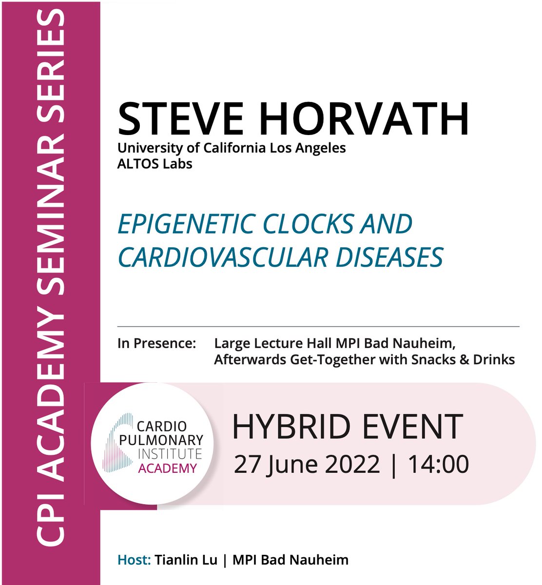 📢Exciting news! The CPI Academy is launching a new seminar series hosting excellent researchers from all over the world. The first hybrid event takes place on 27 June 2 pm with Steve Horvath from <a href="/UCLA/">UCLA</a> talking about "Epigenetic clocks and cardiovascular diseases"