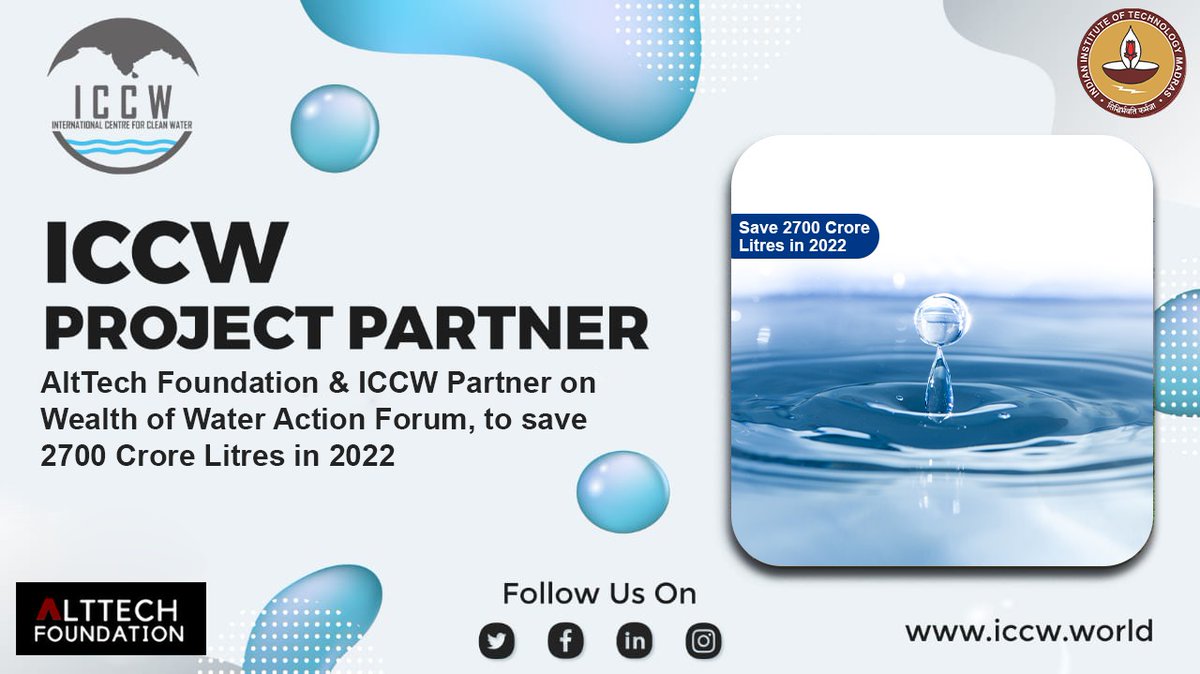 ICCWIndia's tweet photo. The #AltTechFoundation is a non-profit organization. 
AltTech Foundation &amp; #ICCW Partner on Wealth of Water Action Forum, to save 2700 Crore Litres in 2022.
ICCW thanks AltTech Foundation for collaborating with us. For more information visit our website: https://t.co/anucMyZjer https://t.co/HS7ZxloUhk