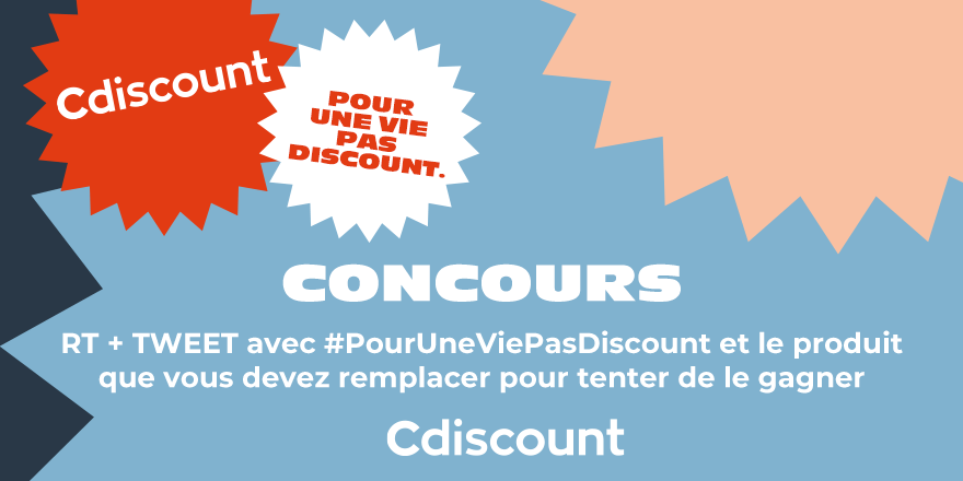 Cdiscount's tweet photo. 🎁 #Concours 
On a tous chez nous un produit usé ou défectueux que nous aurions besoin de changer !

✅ RT + TWEET avec #PourUneViePasDiscount et le nom (ou lien Cdiscount) du produit à remplacer pour tenter de le remporter 🏆​

⌛​ TAS à 17h00 https://t.co/xstuDyTrxn