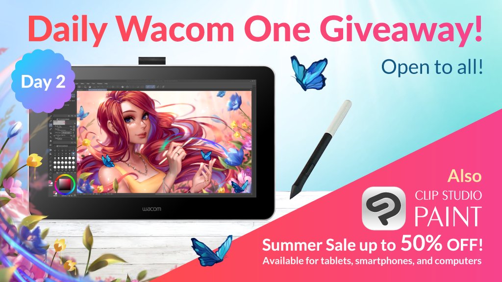 Ends 8am June 21 (UTC)! Clip Studio Paint up to 50% Off! Open to all! Follow us and retweet this post to put yourself in the running to win a Wacom One - one person will be chosen at random every day to win! Today is day 2 - 5 more chances left! Details: clipstudio.net/promotion/give…