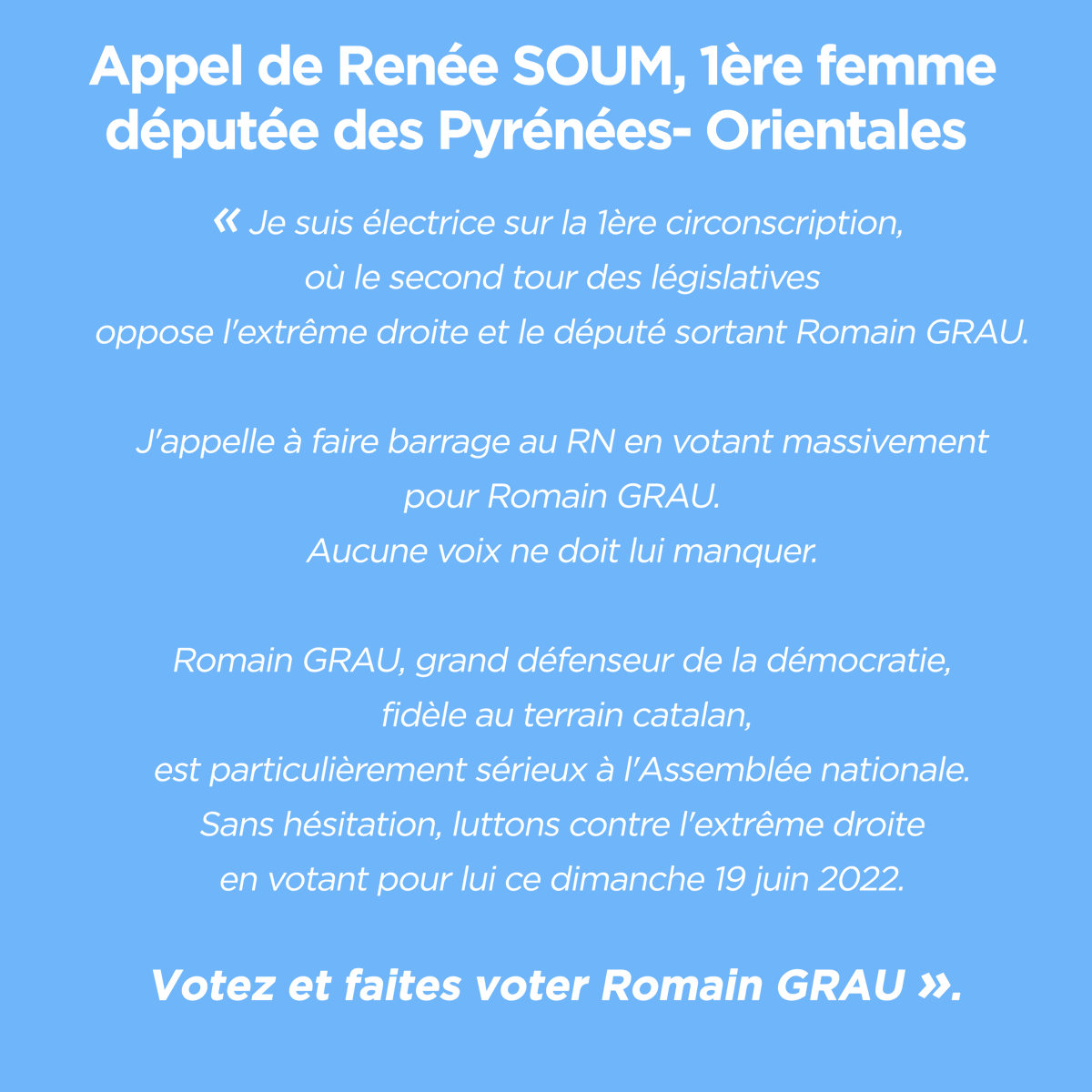 RomainGrau's tweet photo. Appel de Renée SOUM, 1ère femme députée des Pyrénées- Orientales.
#legislatives2022 #perpignan #cabestany #canohès #bompas #pollestres #toulouges https://t.co/YP7L1qtfWZ