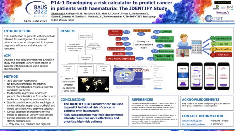 Excited to be presenting the #IDENTIFYstudy risk calculator today at 2pm in Hall 7! Download the app ‘IDENTIFY risk calculator’ and come listen to how we can risk stratify haematuria patients to improve our diagnostic pathway @BURSTurology #BAUS22