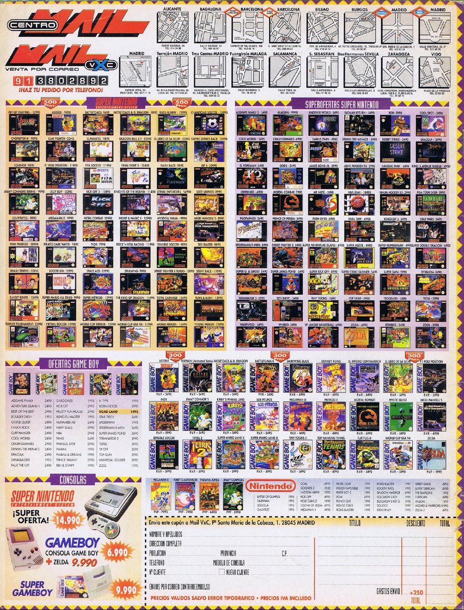 TakodanTweets's tweet photo. 1994 advert by a Spanish store called #CentroMail and a bunch of games they sell for #Nintendo #SNES and #Gameboy https://t.co/3AnYBghxH7