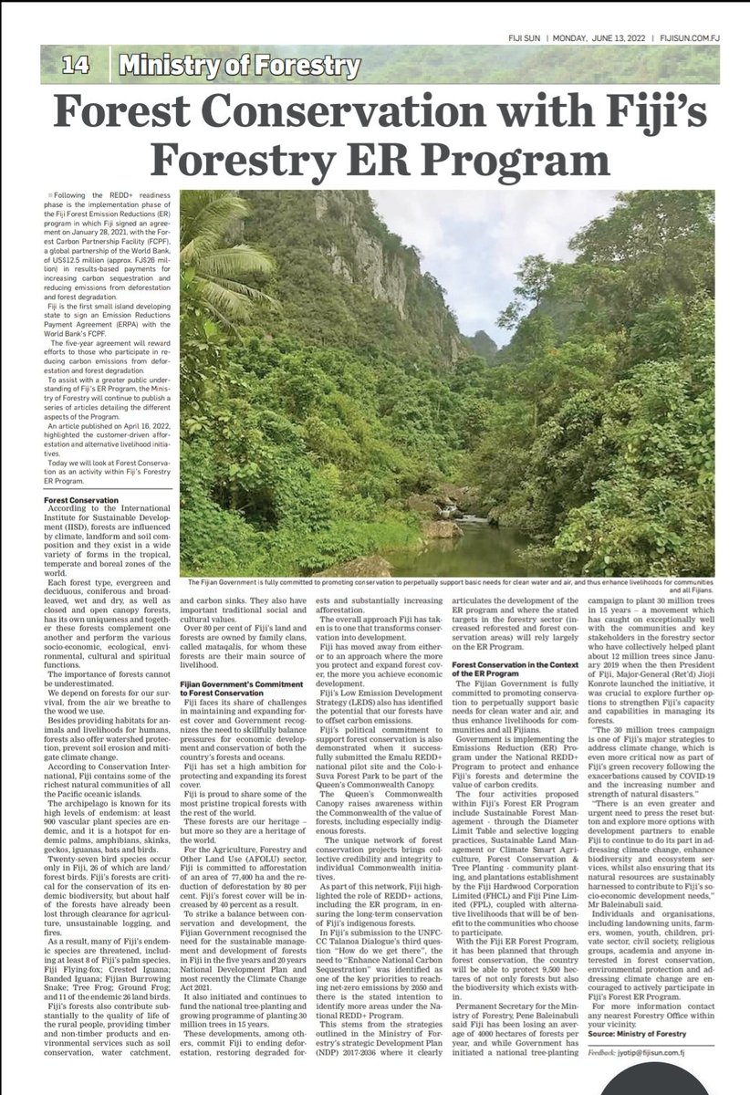 reddplus_fj's tweet photo. #Forestconservation is an activity w/Fiji's ER Program. Govt recognizes forest conservation 2perpetually support basic needs 4clean water, air & enhance livelihoods 4communities & all Fijians. Read more below. #reducecarbonemissions #reducedeforestation #reduceforestdegradation https://t.co/mQhvZYqEJp