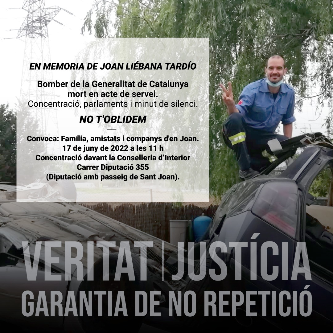 Els companys i companyes de Bombers de Barcelona donem suport a la concentració en memoria d'en Joan Liebana, bomber de <a href="/bomberscat/">Bombers</a>
mort en acte de servei.
Ens veiem totes el dia 17 a les 11h davant la conselleria d'interior.
Amb jaqueta forestal i casc F2.
#joanliebana