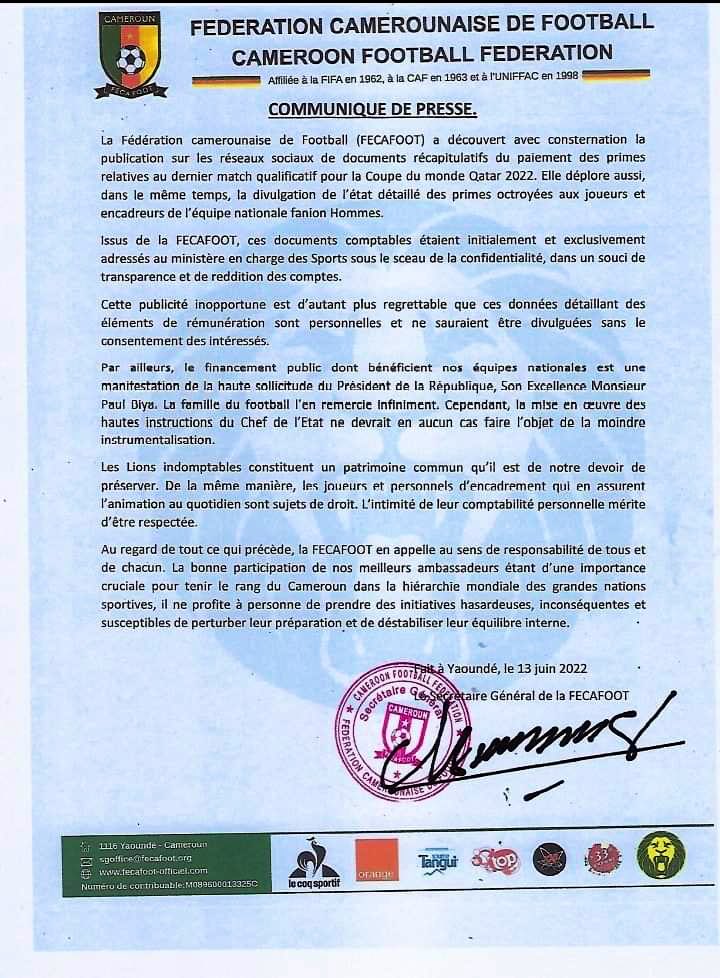 La Fecafoot accuse le ministère des Sports d’avoir divulgué les montants des primes des joueurs