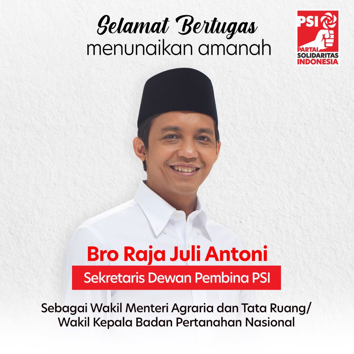 psi_id's tweet photo. Bro Raja Juli Antoni adalah salah seorang kader terbaik PSI, sosok cerdas dan berintegritas. Dulu aktivis mahasiswa, seorang PhD dari Australia. Insya Allah mampu berkontribusi besar di posisi Wakil Menteri ATR/Wakil Kepala BPN. https://t.co/AGmzF4lWVw