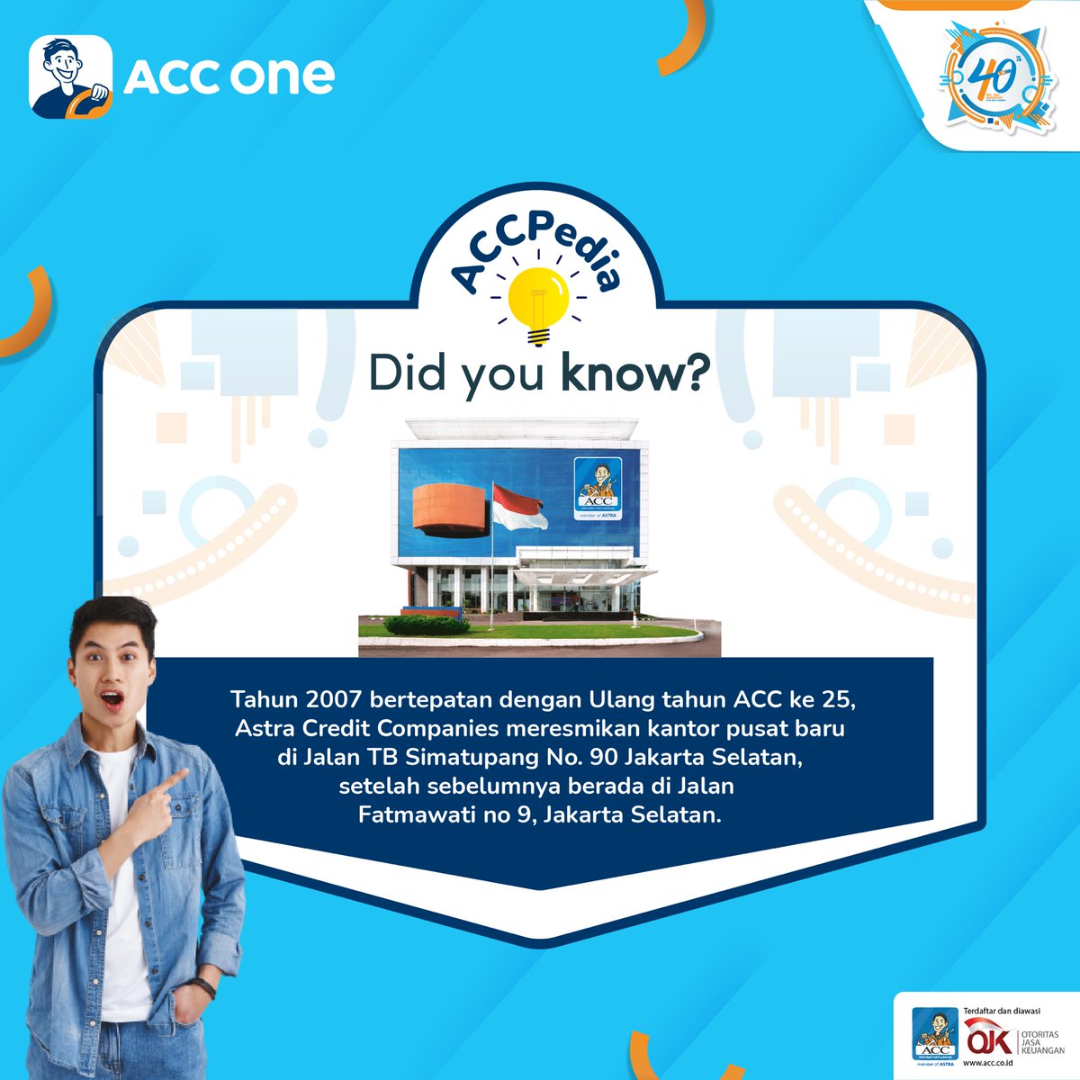 acconeid's tweet photo. Tahu gak? Kantor pusat ACC di Jl. TB Simatupang No. 90 Jaksel adalah kantor pusat baru ACC yang diresmikan pasa 2007 bertepatan dgn Ulang Tahun ACC ke-25!
Masih banyak profil ACC yg akan kita
kulik! Nantikan ACCPedia selanjutnya & jangan lewatkan giveaway 18 Juni 2022.
#40thACC https://t.co/ihLtoxr1F6