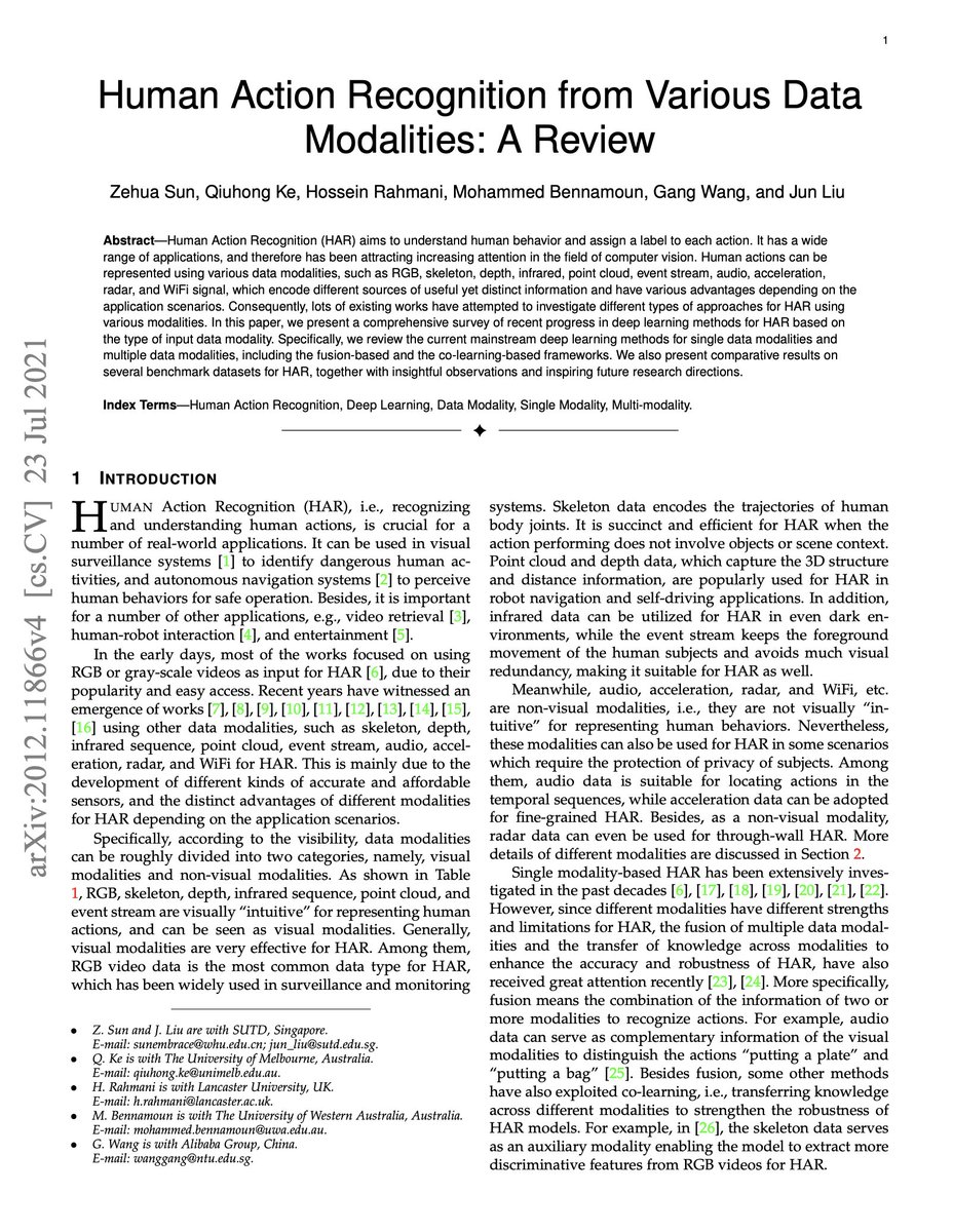 Our paper “Human Action Recognition from Various Data Modalities: A Review” has been accepted by IEEE Transactions on Pattern Analysis and Machine Intelligence (TPAMI IF=16.4)

Zehua Sun, <a href="/qiuhongke/">qiuhongke</a>, @hrahmani60, Mohammed Bennamoun, Gang Wang, and Jun Liu