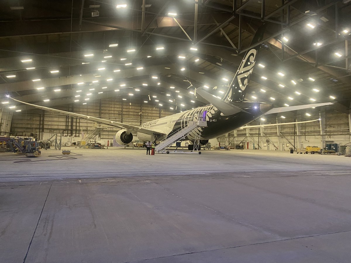 Operated this beautiful ⁦@FlyAirNZ⁩ 787 today from LAX to Amarillo, TX. 12 of our 787s will cycle through this paint facility over the next 10 weeks for some paint work. Pic 1 is at LAX prior to push, pic 2 is a gorgeous sunset shot and pic 3 is ZK-NZJ in the paint hangar.