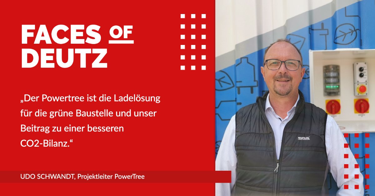 deutz_ag's tweet photo. Für eine lückenlose Energieversorgung auf Baustellen arbeitet Udo Schwandt mit seinem Team am #Powertree. Die mobile Schnellladestation ermöglicht ein unkompliziertes Aufladen von elektrisch betriebenen Baufahrzeugen – fix in der Mittagspause.

#deutz #FacesOfDEUTZ #eDEUTZ https://t.co/YBXPMxQvHJ