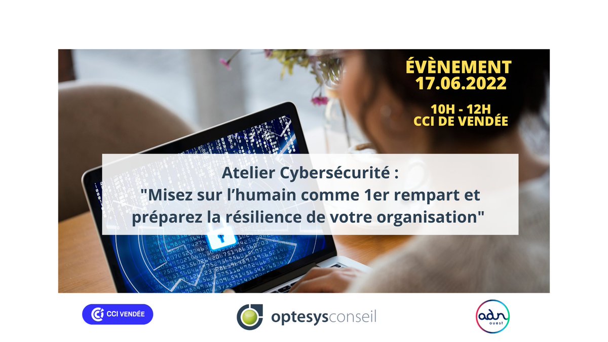 Retrouvons-nous ce vendredi 17 juin à 10H à la <a href="/ccivendee/">CCI Vendée</a> de la Roche-sur-Yon pour parler bonnes pratiques en #cybersécurité et plan de continuité d’activité. @adnouest  
Inscription gratuite : evenclic.com/?e=cyberattaqu…