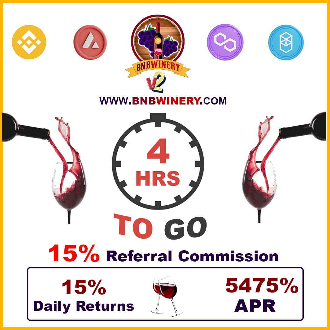 BnbWinery's tweet photo. 4HOURS TO GO!!!
BNB Winery🍷v-2 (Multi-coin-staking) 
Launch: 15th June, 11 UTC.
Get Ready!!! BE IN THE FRONT ROW
Join Our telegram community https://t.co/lBpr7qFGZ5 and get 100 WINE tokens.
Hurry up!!! 
#BNB #PolygonMatic #AVAX #FTM #cryptocurrecy #Staking #smartcontracts https://t.co/h5ehAhvOCi