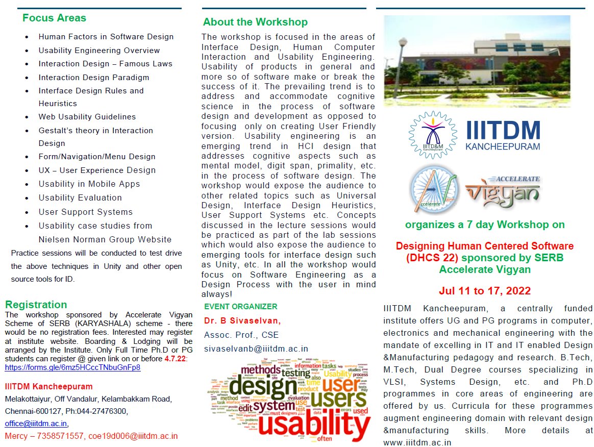 iiitdm_kancheep's tweet image. IIITDM Kancheepuram organizes a 7 day Workshop on
Designing Human Centered Software (DHCS 22) sponsored by SERB Accelerate Vigyan
Jul 11 to 17, 2022 #software #workshop2022