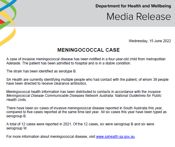 SAHealth's tweet photo. HEALTH ALERT: MENINGOCOCCAL CASE https://t.co/4DOJdCQihY