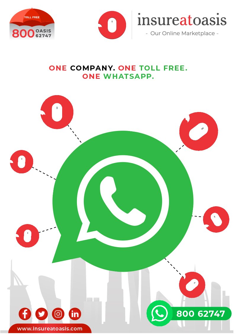 Insureatoasis's tweet photo. In our quest of improving your ability to reach us anytime from anywhere, we are introducing ONE COMPANY – ONE TOLL FREE – ONE WHATSAPP – https://t.co/fmvPhrwOko #bestoffers #insurance #UAE #Dubai https://t.co/FPLr3jHhtD