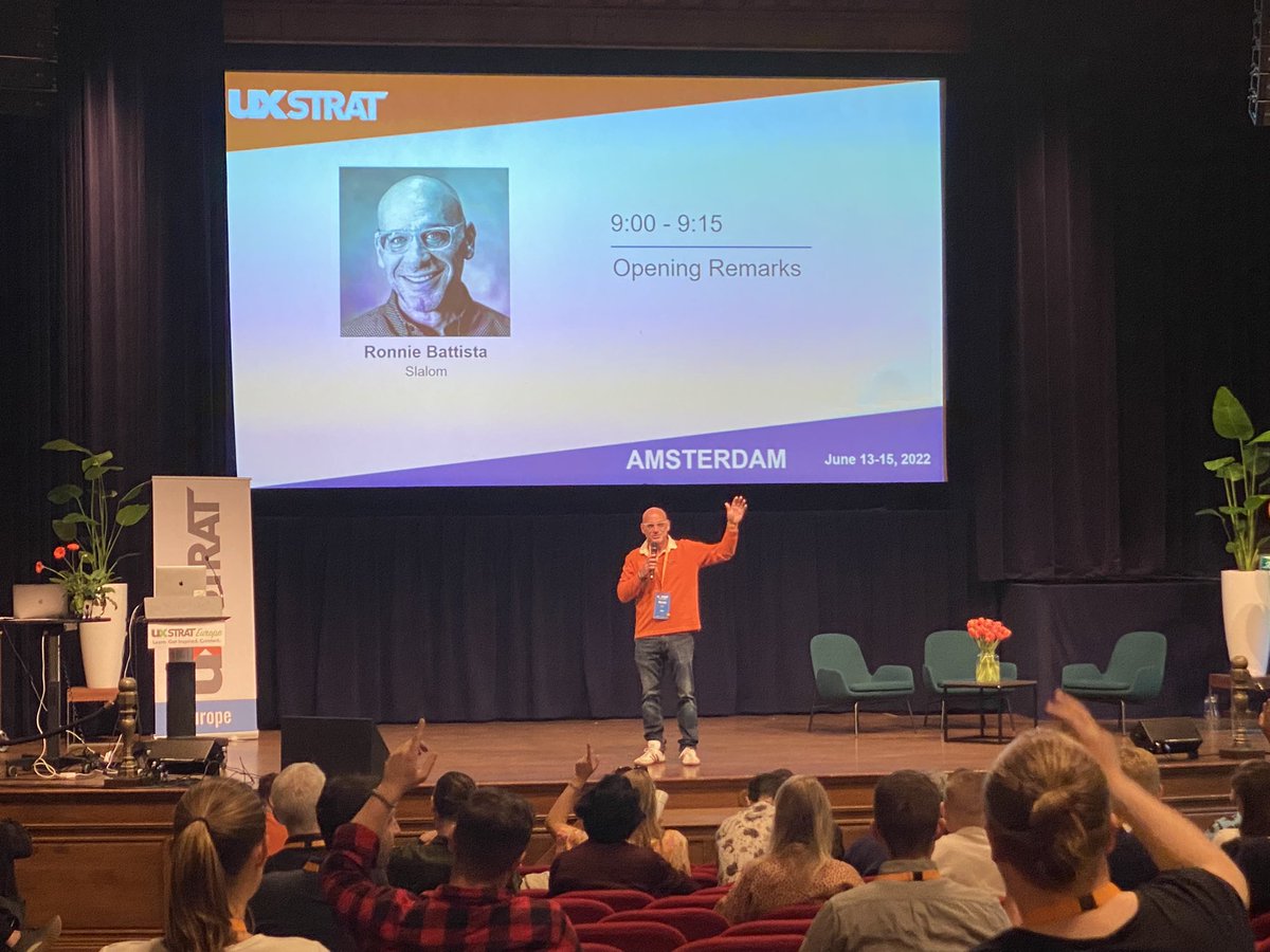 RioLongacre's tweet photo. Thrilled once again to see @RonnieBattista delivering the opening remarks (and representing @Slalom) for today’s #UXSTRAT conference in Amsterdam #imwithslalom https://t.co/AggF8TNvrv