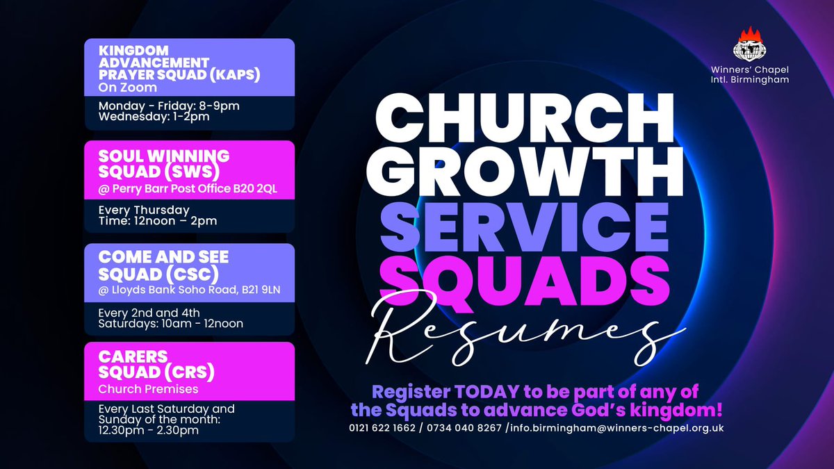 WCIBUK's tweet photo. Register for one of the Church Growth Service squads today to continue in kingdom advancement endeavours.
Please see flyer for more details on how to join.
#WCIBUK
#MoreThanAConqueror
#ServiceSquad
#Prayers
#SoulWinning
#Carers https://t.co/W3o4PEhuhG