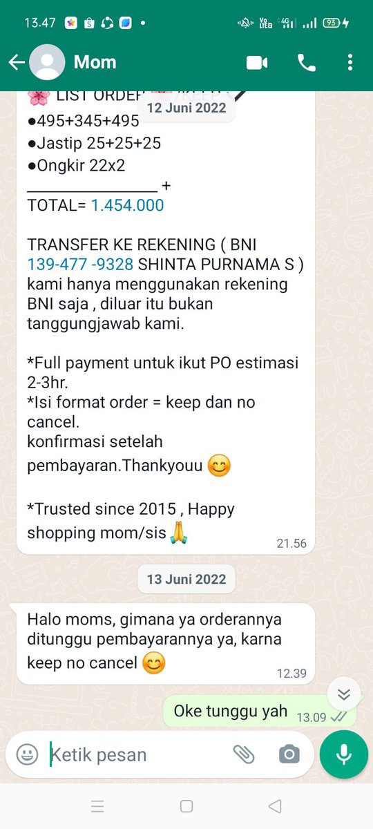 KdMumpuni's tweet photo. Setelah selesai berunding ongkir dan lainlain doi kasih gue totalan, dan harus di transfer ke rekening @BNI atas nama shinta purnama S. Telat 1 hari ga transfer ditagih lagi tanggal 13juni. Mungkn kalian boleh bantu aku menjerat akun bodong ini @buibuksocmed @elwa @BNI @CCICPolri https://t.co/5jhfTpPkFw
