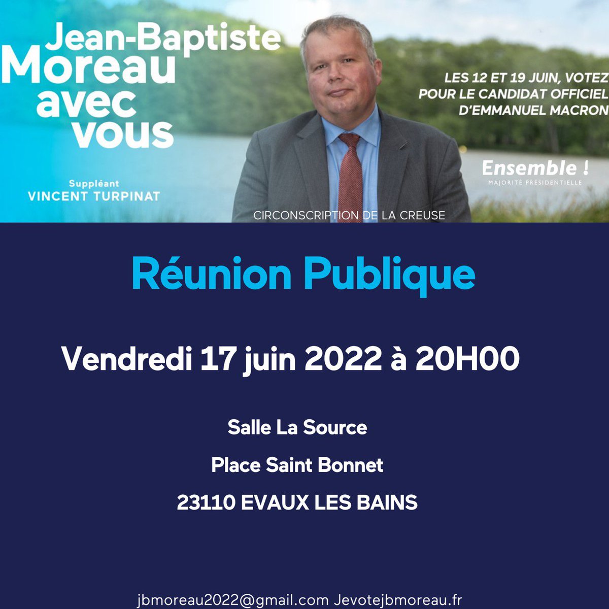 MoDemCreuse's tweet photo. #legislatives2022 en #Creuse : dernière réunion publique de @moreaujb23 ce vendredi à la Source à #Evaux-les-Bains. Venez poser vos questions au député-candidat. https://t.co/Z3iNRwGuR6
