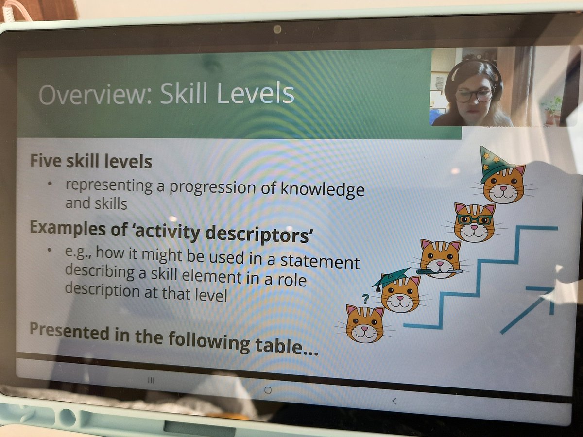 melindahaunton's tweet photo. 5 skill areas. 27 competencies within them, and 5 levels. Yes this is a bad photo of a screen, yes I'm aware of the irony in discussing digital skills when I can't currently screenshot my own tablet. But be reassured there are many cat pictures #DPCCAT https://t.co/JMw7141kCF