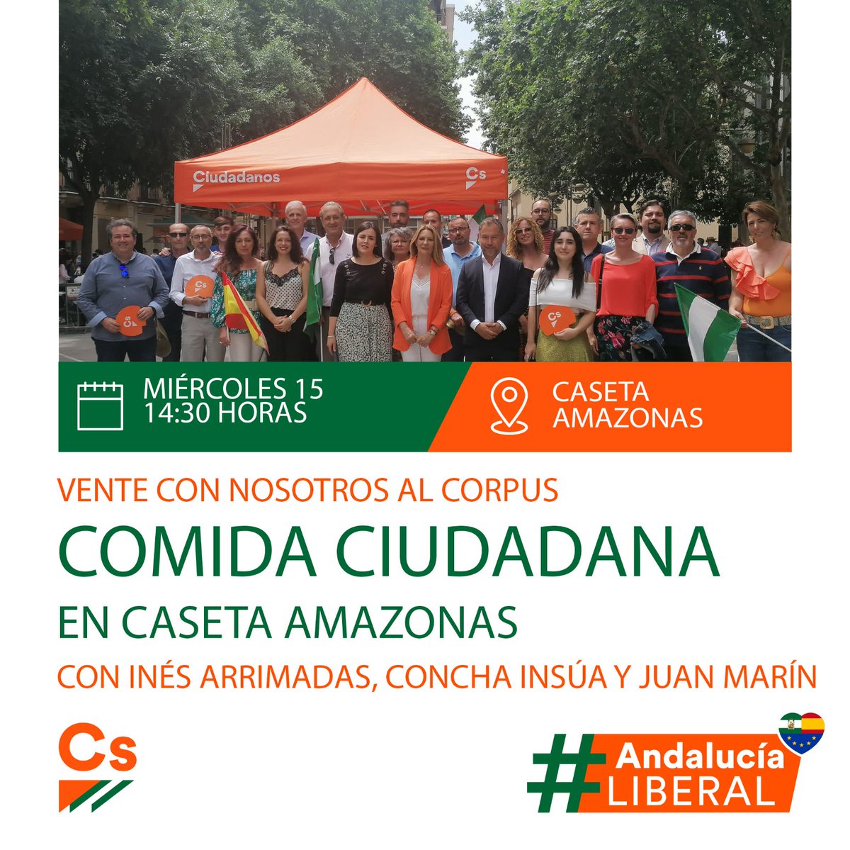 🍊 Este mediodia nos vemos en el ferial con <a href="/InesArrimadas/">Inés Arrimadas</a> , @JuanMarin_Cs y <a href="/ConchaInsua/">Concha Insúa</a>.
¡Vente con nosotros a la caseta Amazonas! #ElCambioQueFunciona